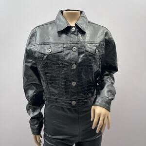Liquor N Poker Jacket Women 6 Black Mali Relaxed Crocodile PU Vinyl Crop Street
